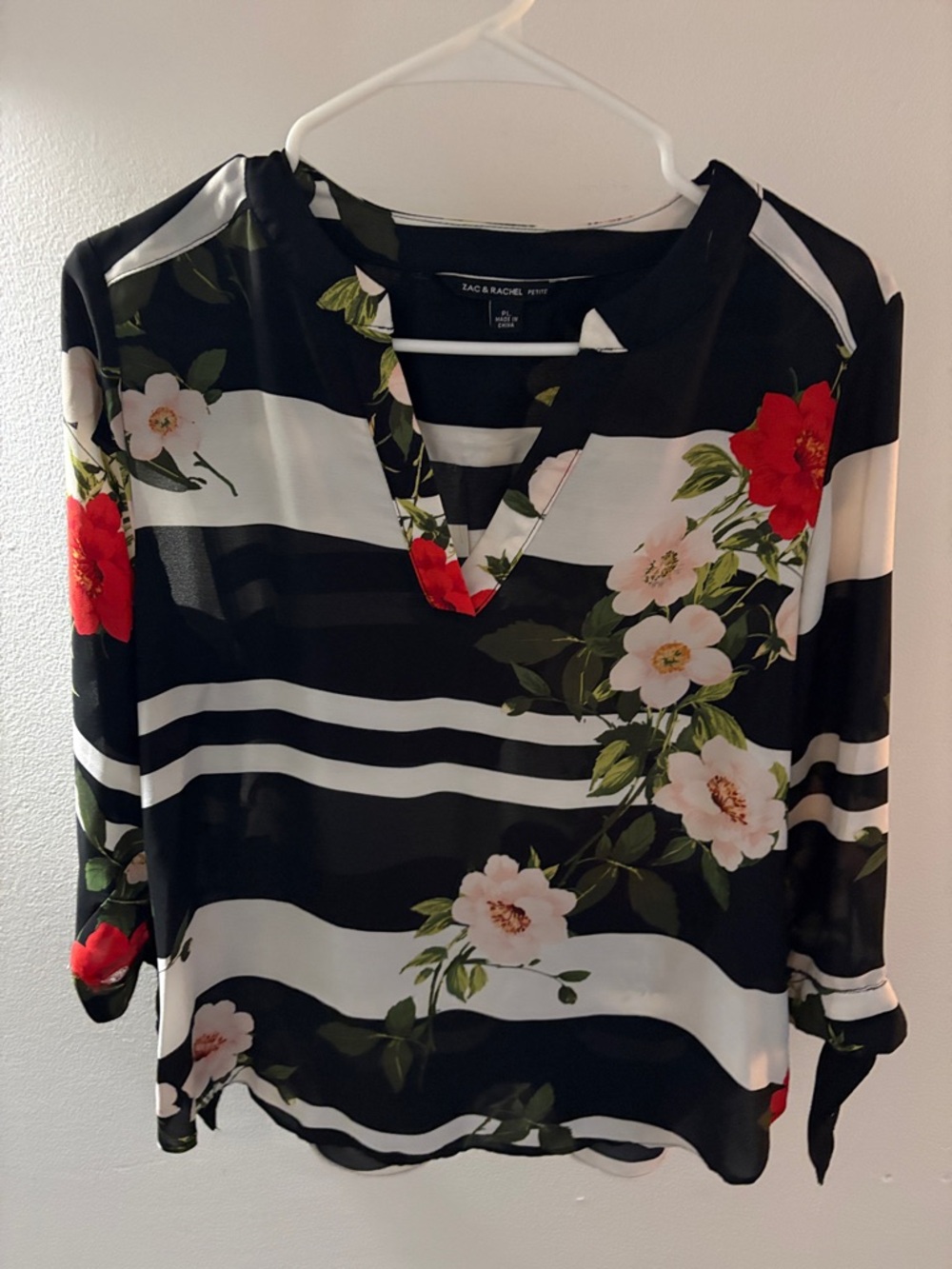 Zac & Rachel Black and White Striped Floral V-Neck Blouse